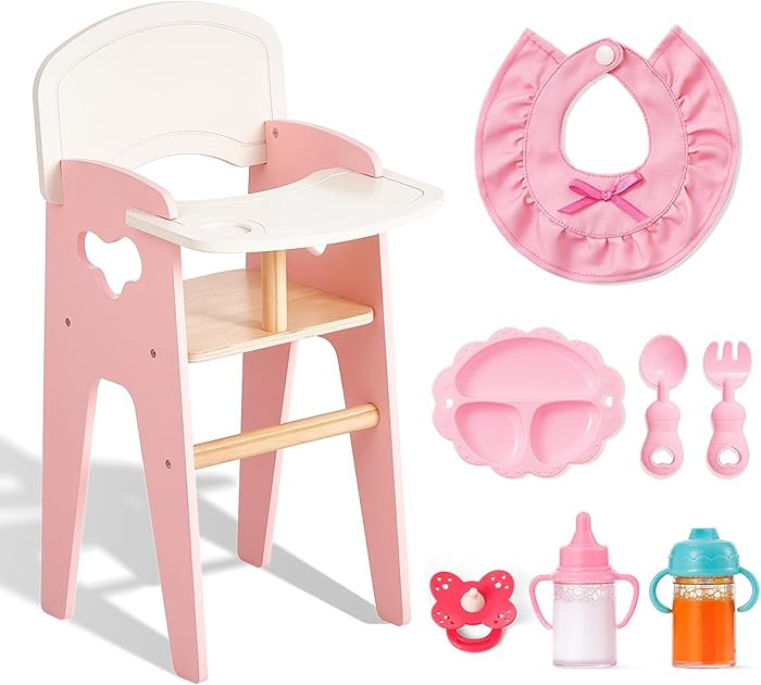 Giant bean Wooden Baby Doll High Chair with Feeding Set, Pretend Play Feeding Seat for Dolls, Inc... | Amazon (US)