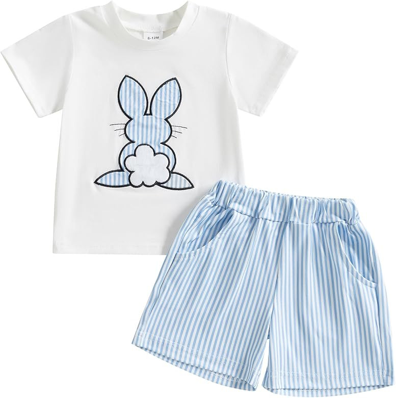 Toddler Baby Boy Easter Rabbit Outfit Short Sleeve Bunny Carrot Smocked T-shirt Elastic Waist Sho... | Amazon (US)