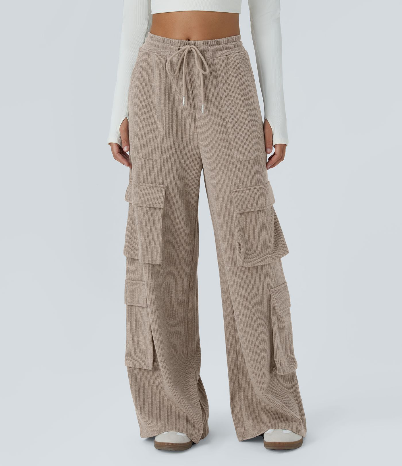 Women’s Ribbed Mid Rise Drawstring Pockets Wide Leg Cargo Casual Pants - Halara | HALARA