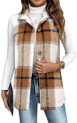 Zeagoo Plaid Vest for Womens Casual Sleeveless Flannel Jacket Lapel Button Down Shirt with Pocket... | Amazon (US)