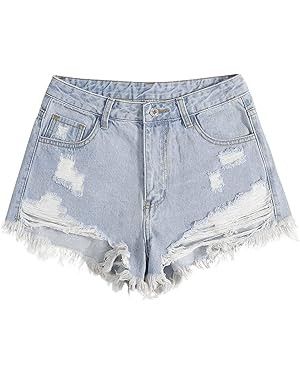 SweatyRocks Women's High Rise Zip Up Ripped Raw Hem Denim Jean Shorts with Pocket | Amazon (US)