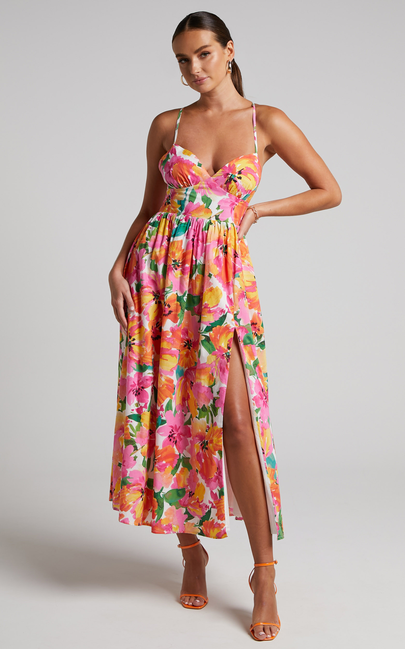 Shairah Midi Dress - Cross Back Gathered Sweetheart Dress in Bloom | Showpo (US, UK & Europe)