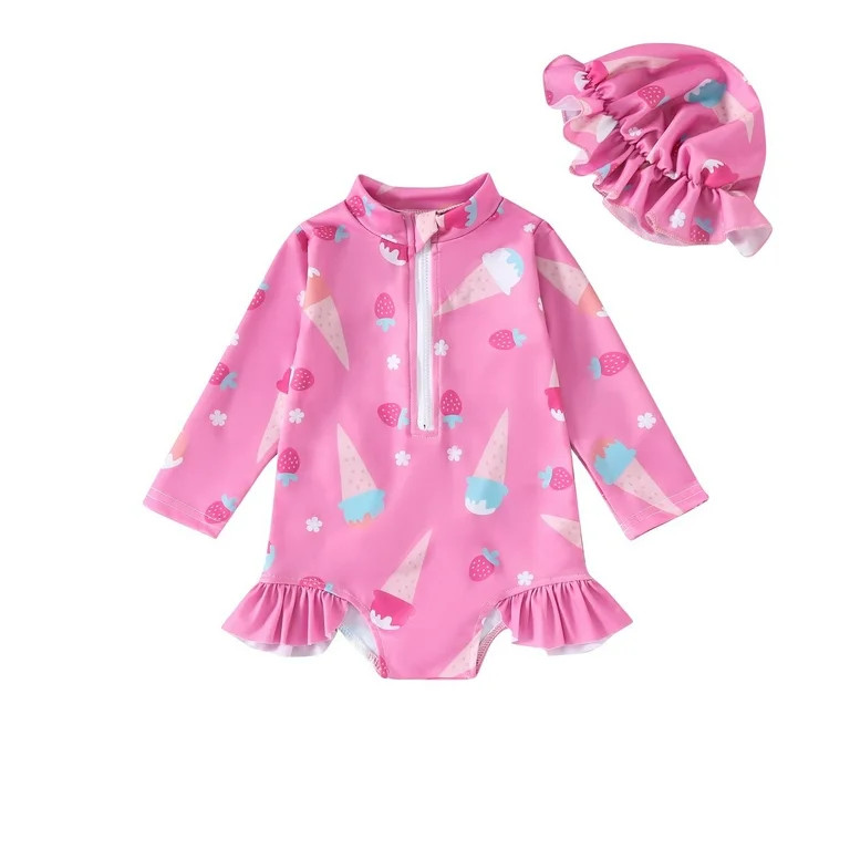 Penkiiy Baby Girls One Piece Swimsuit Long Sleeve Floral Bathing Suit+Hat 0-3Y Hot Pink | Walmart (US)