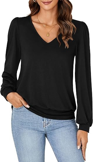 Vrtige Women's Casual Banded Bottom V Neck Puff Long Sleeve Tunic Top Blouse Shirt | Amazon (US)