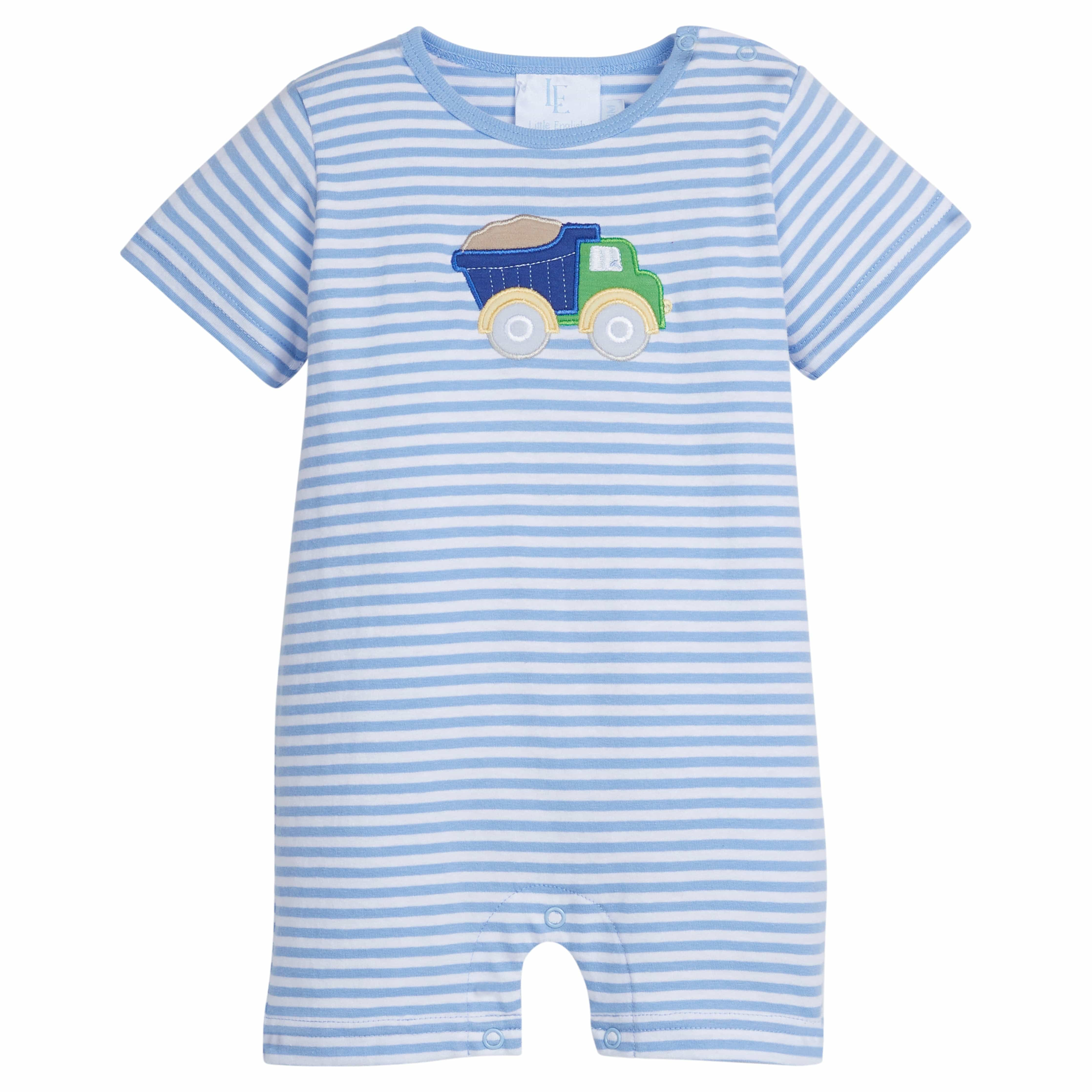 Boys Applique Romper in Light Blue Stripes | Little English