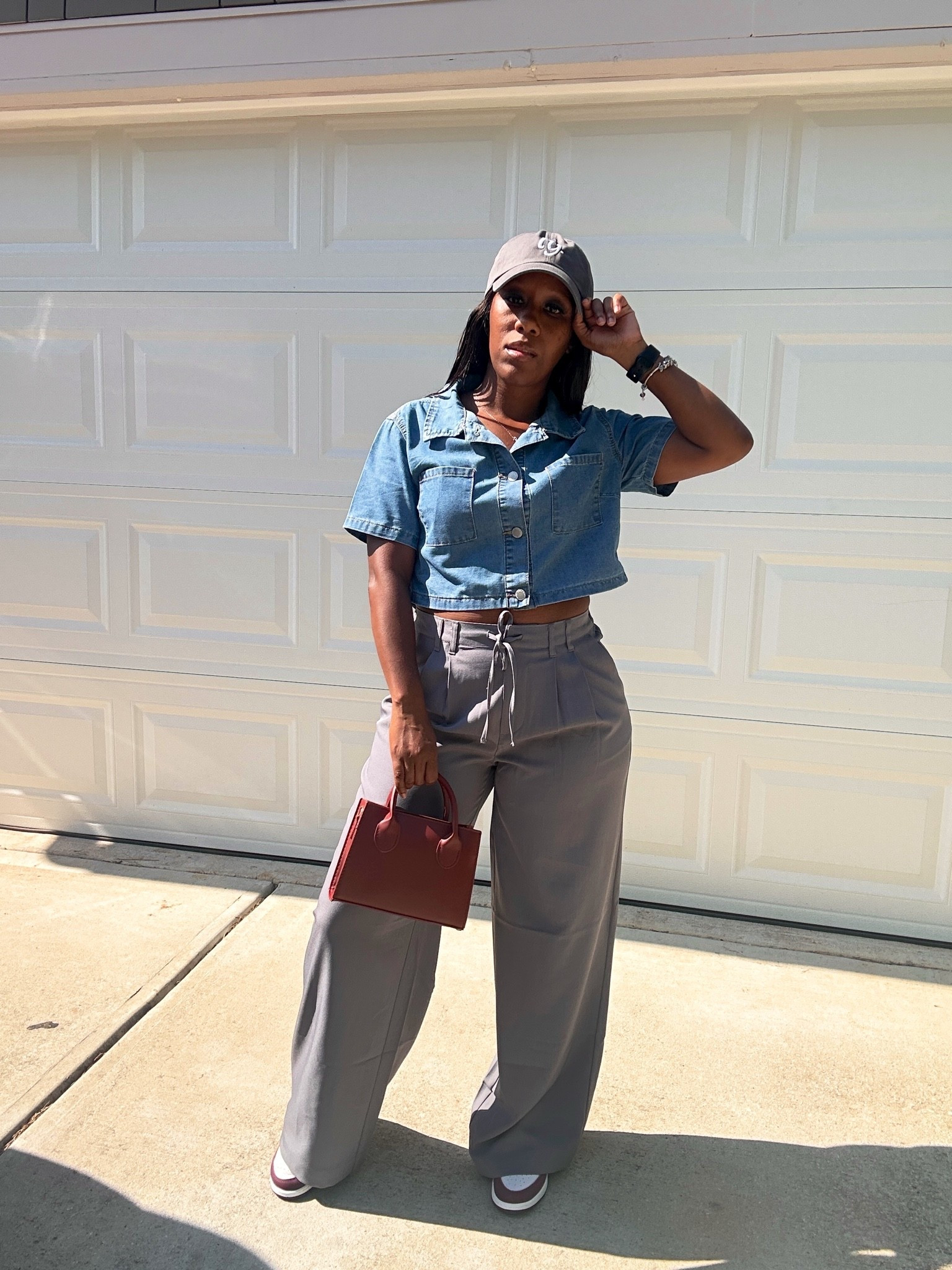 Styling a denim crop top with gray trousers

#LTKootd #LTKOver40 #LTKPetite