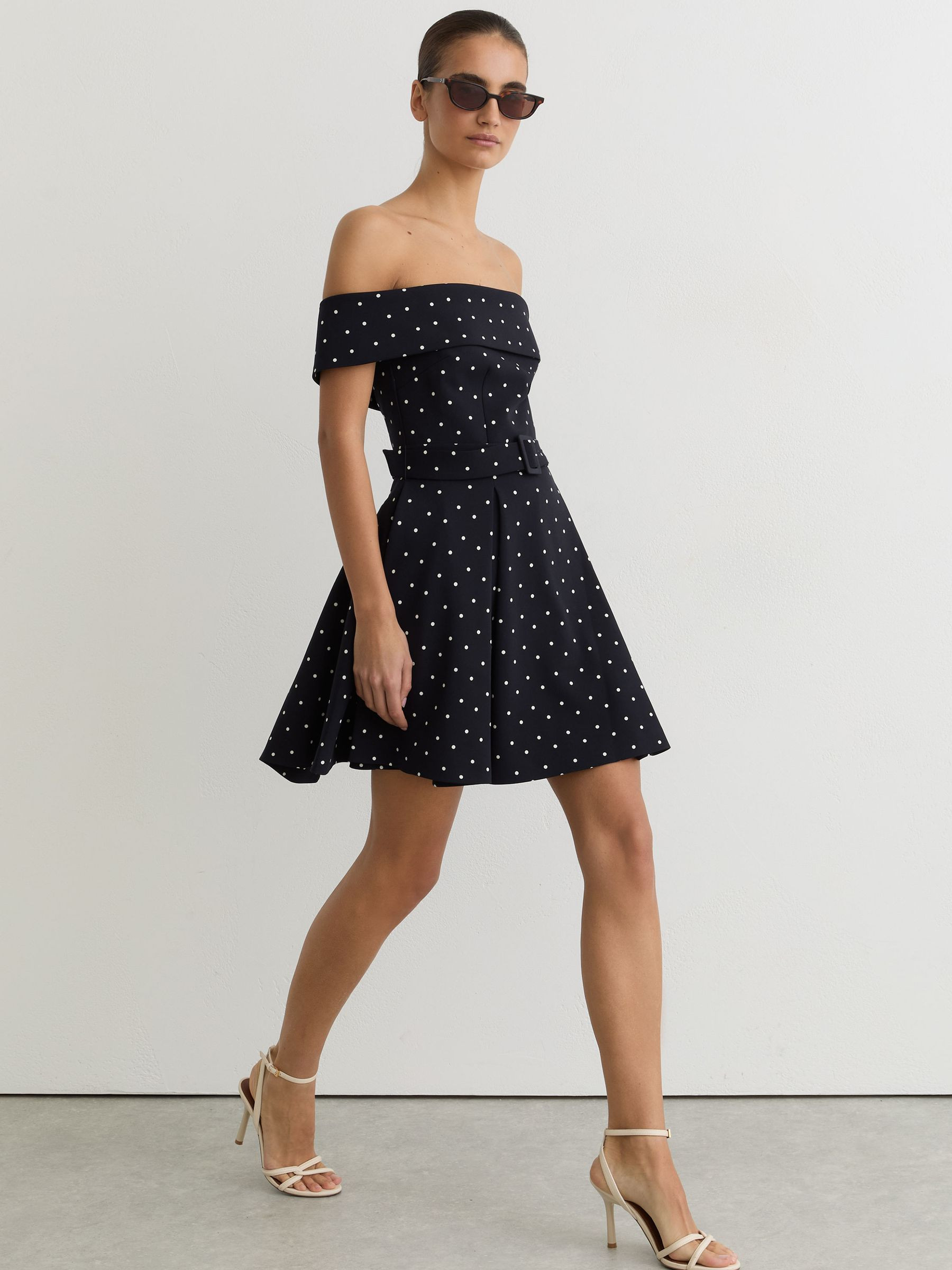 Reiss Off-Shoulder Mini Dress in Polka-Dot Navy/Ivory - REISS | Reiss UK