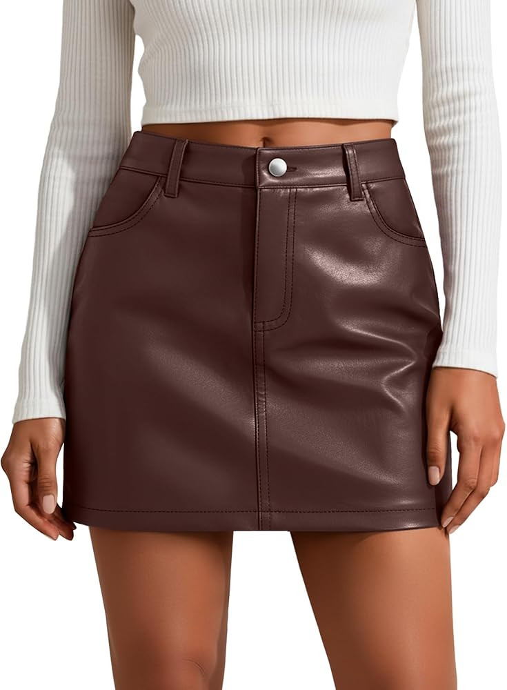 Women's Faux Leather Mini Skirt with Pockets, High Waisted Bodycon Stretch Zipper Button Fitted A... | Amazon (US)