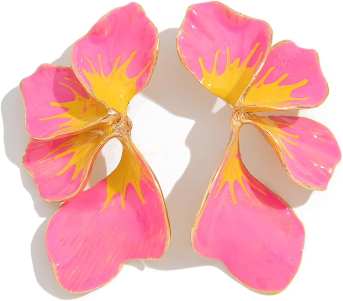 Chunky Flower Dangle Earrings for Women Vintage Gold Silver Exaggerate Petal Earrings Enamel Oil ... | Amazon (US)