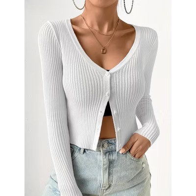 Women's V-Neck Button Up Cardigan Short Sleeve Cropped Knit Sweater White XL | Target