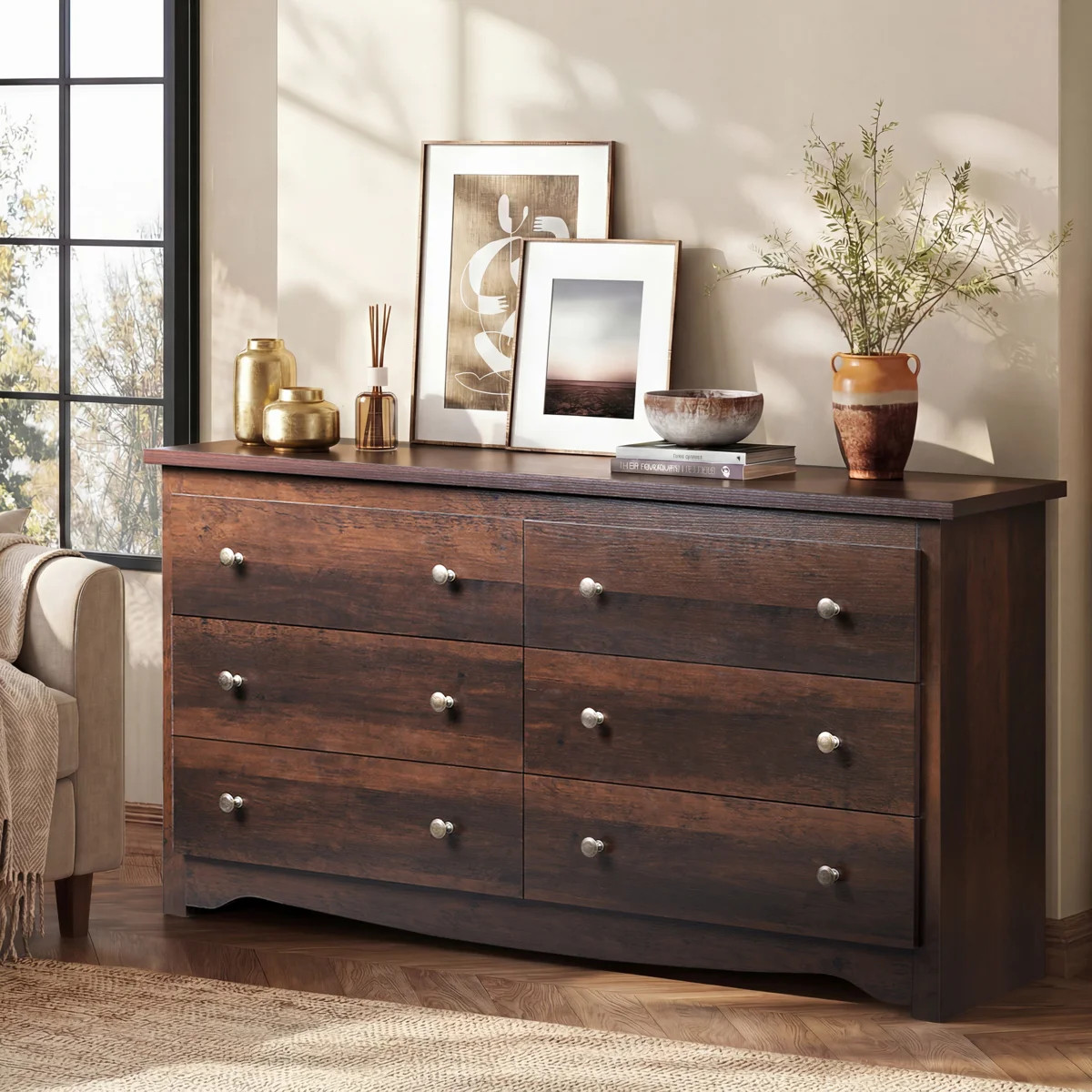 59" W 6-Drawer Wooden Dresser with Elegant Double Handles for Bedroom, Modern Large Storage Organ... | Wayfair North America