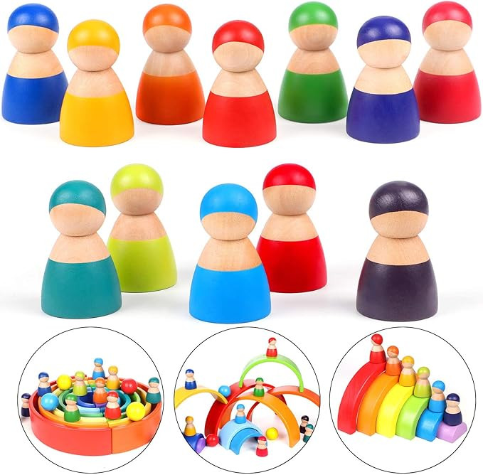 Lewo 12 PCS Wooden Toddler Toys for Boys Girls Rainbow Wood Peg Dolls Wooden Pretend Play People ... | Amazon (US)