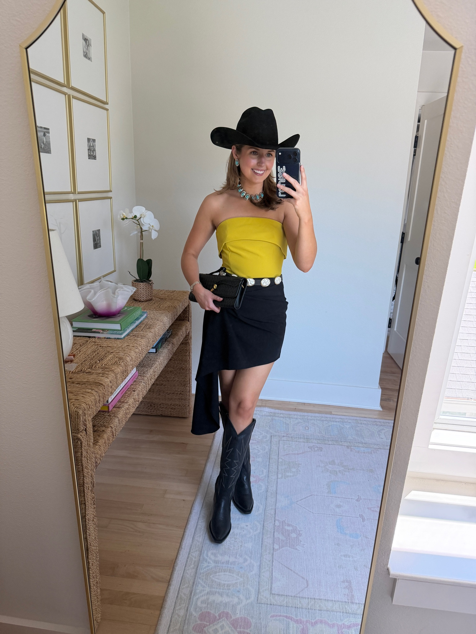 Cowboy cocktail outfit idea! Wearing a S in top and skirt