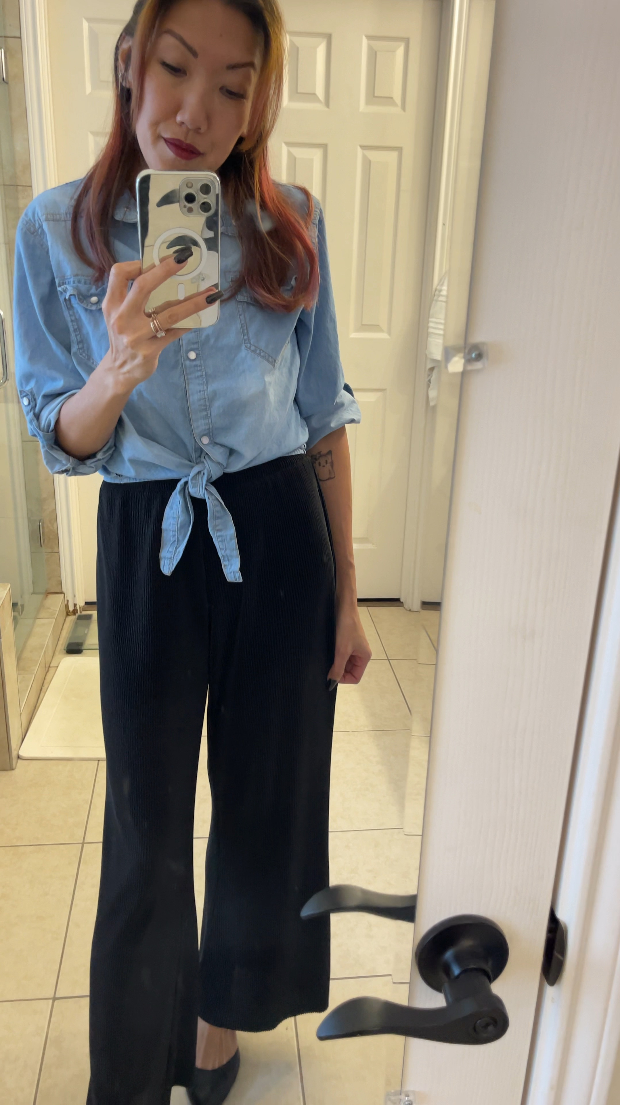 Denim tie top mixed and matched with the long pants from one of my favorite dressy sets. 

#LTKFindsUnder50