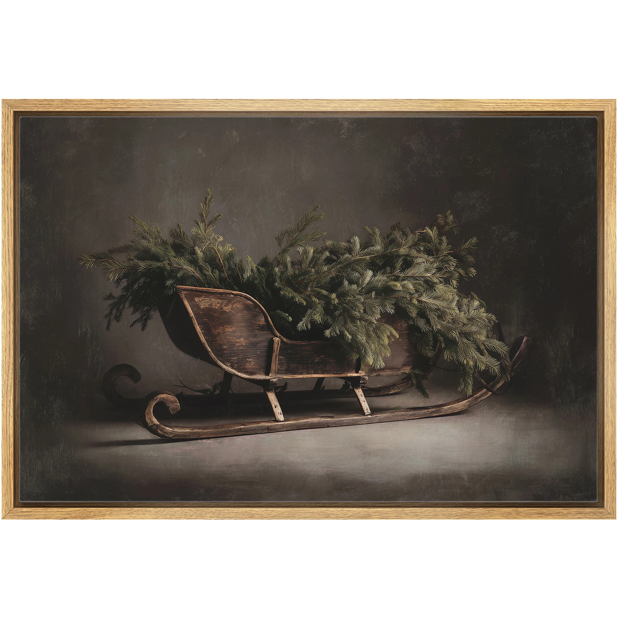 Vintage Wooden Sleigh with Evergreen Pine Winter Farmhouse Christmas Wall Decor Framed Canvas Master Bedroom Wall Art Work Print | Wayfair North America