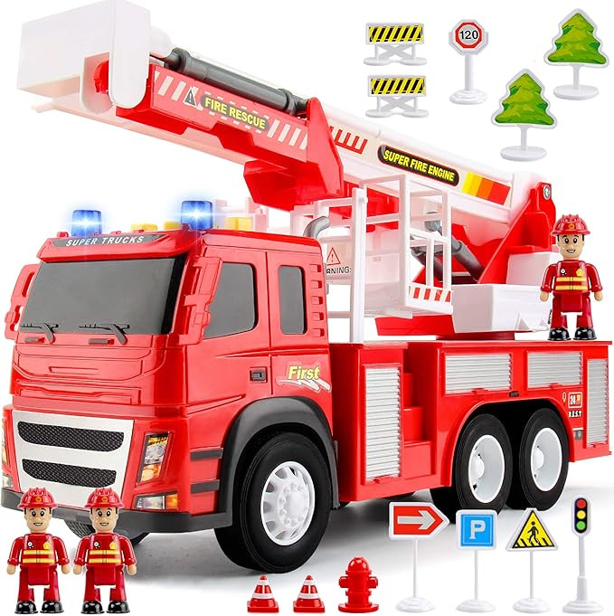 Fire Truck Playset - 1:12 Scale Large Size Toys - Realistic Fire Engine, 3 Firemen, Road Signs, L... | Amazon (US)