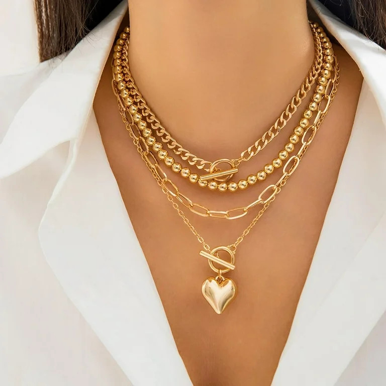 Gold Layered Necklaces for Women Chunky Gold Necklace Herringbone Paperclip Chain Necklace Dainty... | Walmart (US)