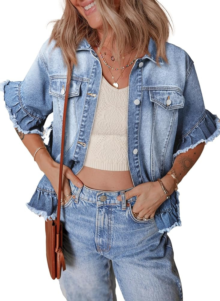 Sidefeel Womens Denim Jackets Casual Short Sleeve Button Down Trendy Ruffle Washed Jean Jackets C... | Amazon (US)