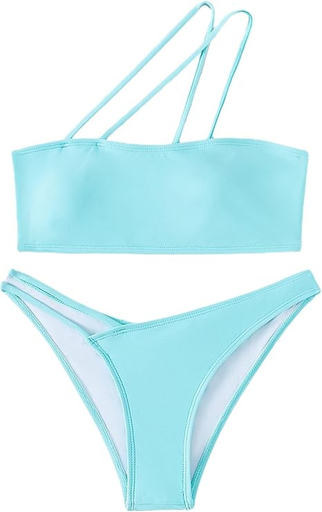 Floerns Women's One Shoulder High Cut Bikini Set Solid Two Piece Bathing Suit | Amazon (US)