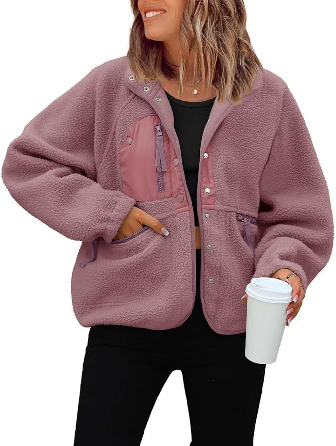 ReachMe Womens Sherpa Jacket Casual Lapel Button Down Cropped Fuzzy Fleece Jackets Long Sleeve Wi... | Amazon (US)