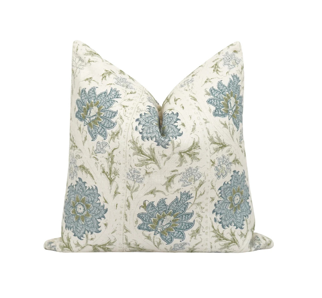 Lee Jofa Pillow Cover, Blue Green Floral Pillow Cover, Calico Vine Green Blue Linen Pillow Cover,... | Etsy (US)