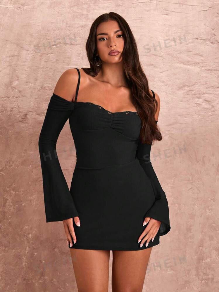 SHEIN BAE Summer  Sexy Spaghetti Strap Lace Contrast Sheer Sleeve Mini Short Dress | SHEIN