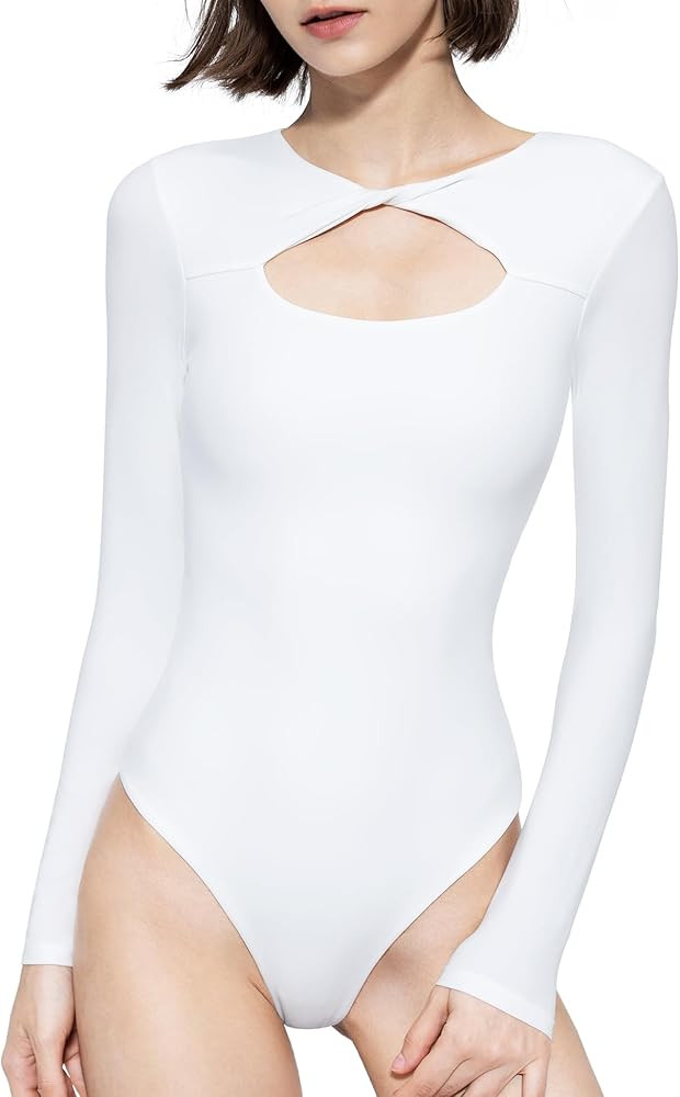 PUMIEY Women's Knot Front Long Sleeve Bodysuit Crew Neck Body Suits Sexy Tops Smoke Cloud Collection | Amazon (US)