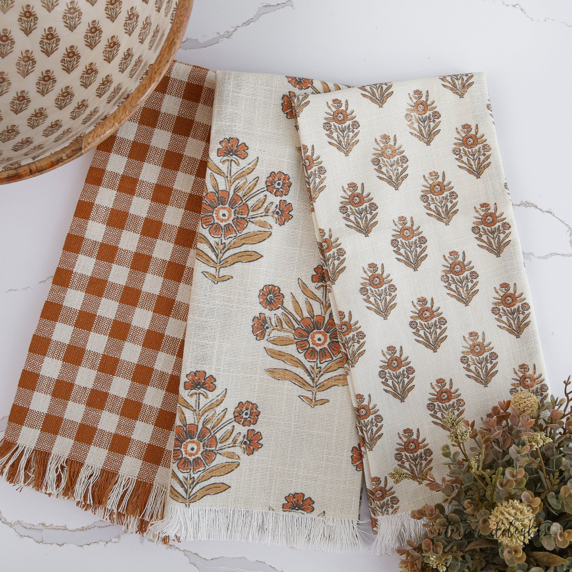 Autumn Block Print Tea Towels- Set of 3 | Interior Delights