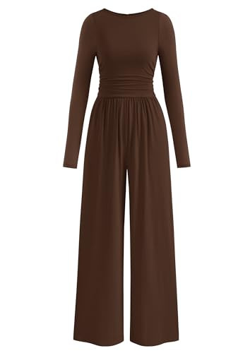 PRETTYGARDEN One Piece Jumpsuits for Women Dressy Casual Long Sleeve Crewneck Wide Leg jumpers Rompers Spring Beach Outfits 2026 (Brown, M) | Amazon (US)