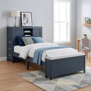 Eliza Navy Blue Wood Frame Twin Bookcase Platform Bed with Hidden Desk, Stool and Storage Bench | The Home Depot