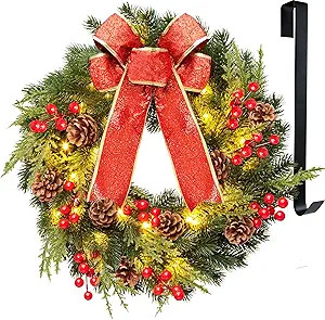 Kurala Christmas Wreath 16 Inches, with Metal Hanger, Pre-Lit Artificial Christmas Front Door Wre... | Amazon (US)