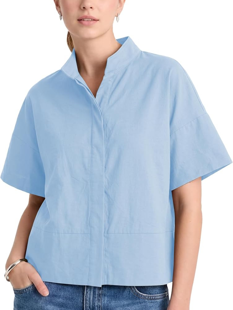Women Casual Button Down Shirts Oversized Short Sleeve Stand Collar Tops Trendy Work Blouses Summ... | Amazon (US)