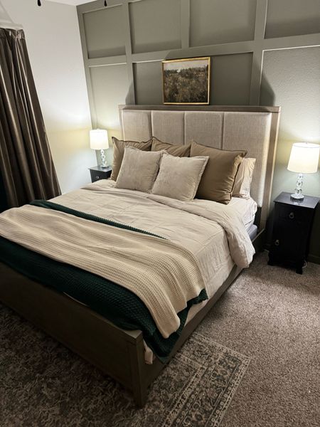 Primary bedroom, master bedroom, king bed frame, green bedroom, quality sheets, bamboo sheets, linen duvet cover, European shams, bedroom inspo 

#LTKHome