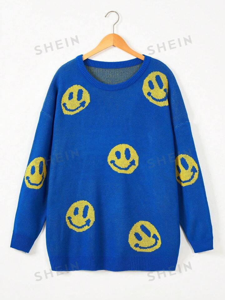 SHEIN EZwear Plus Cartoon Face Pattern Drop Shoulder Sweater | SHEIN