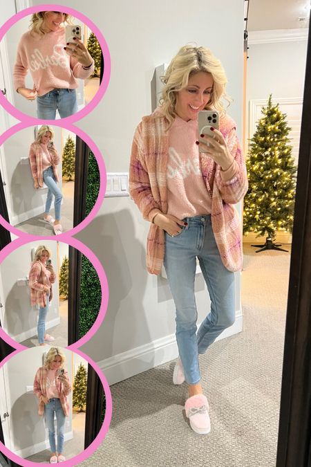 Saturday Cozy but in PINK! Not gonna lie the pink Barbie fleece sweater is a bit of a splurge, but it is so cute and so well made!

I paired with my favorite straight leg jeans and my cozy house coat from Walmart! 

AND THOSE SLIPPERS!!! The cutest!!!
