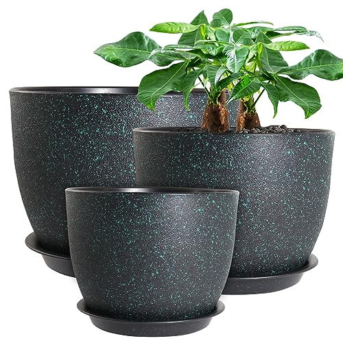 UOUZ 12/10/9 Large Modern Plant Pots, Plastic Planters with Drainage Holes and Saucers for Indoor Outdoor Plants Flowers, Black with Green Speckles | Amazon (US)
