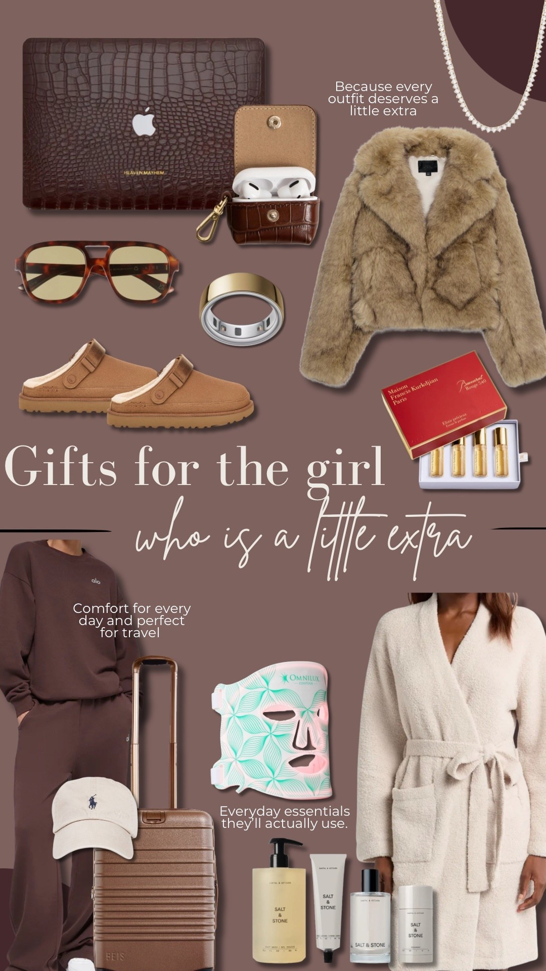 Elevated gifts for the girl that is a little extra! Faux fur, red light mask, oura ring, beis luggage, alo sweats, salt and stone beauty products, air pod case, laptop case uggs, for Christmas!!

#LTKGiftGuide #LTKCyberWeek #LTKHoliday