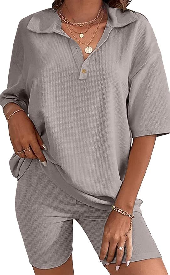 Ekouaer Pajamas 2 Piece Lounge Sets Waffle Knit Matching Outfits Oversized Shirt Loungewear Sweat... | Amazon (US)