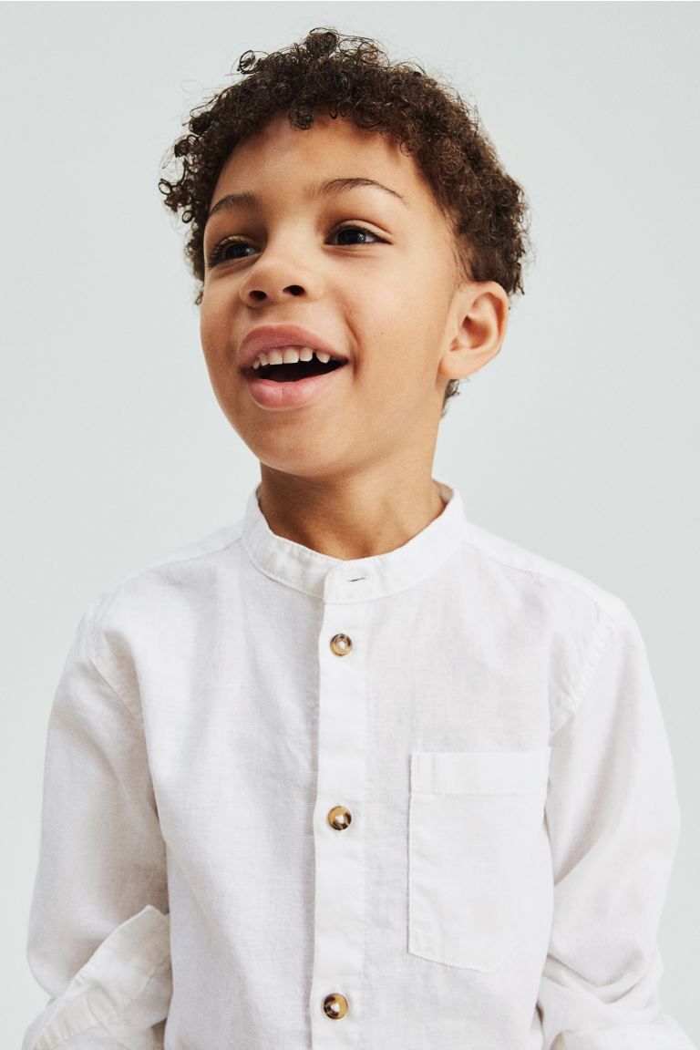 Linen-blend Band Collar Shirt - White - Kids | H&M US | H&M (US + CA)