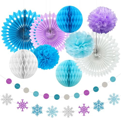 Frozen Birthday Party Decorations Includes Snowflake Banner Paper Lanterns,Tissue Pom Poms Fan, Birthday Decorations for Boys Girls | Amazon (US)