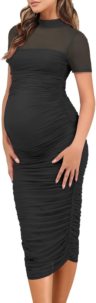Dedysler Maternity Mesh Bodycon Dress for Baby Shower Sexy Mock Neck Long Casual Pregnancy Clothe... | Amazon (US)