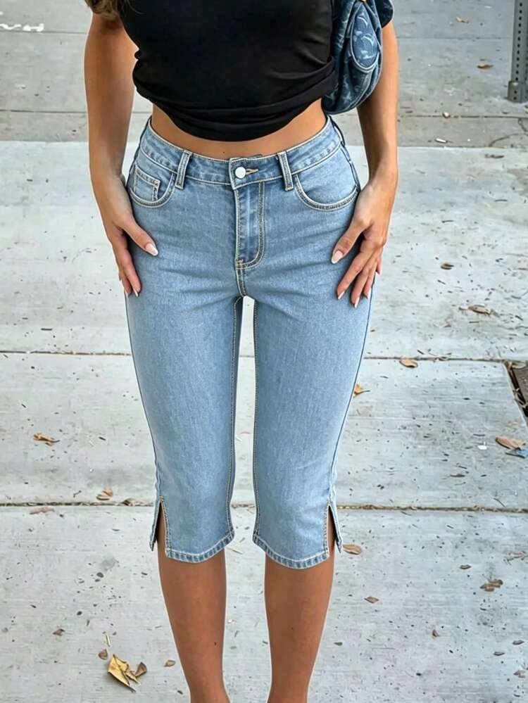 Mid-Waist Retro Stretch Split Hem 3/4 Slim Fit Denim Capri Pants, Skinny Leg Jeans Shorts Suitabl... | SHEIN