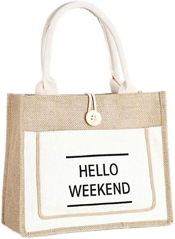 JOSSOIOJ HELLO WEEKEND Printed Custom Jute Tote Bags with Canvas Front Pocket Reusable Natural Burla | Amazon (US)