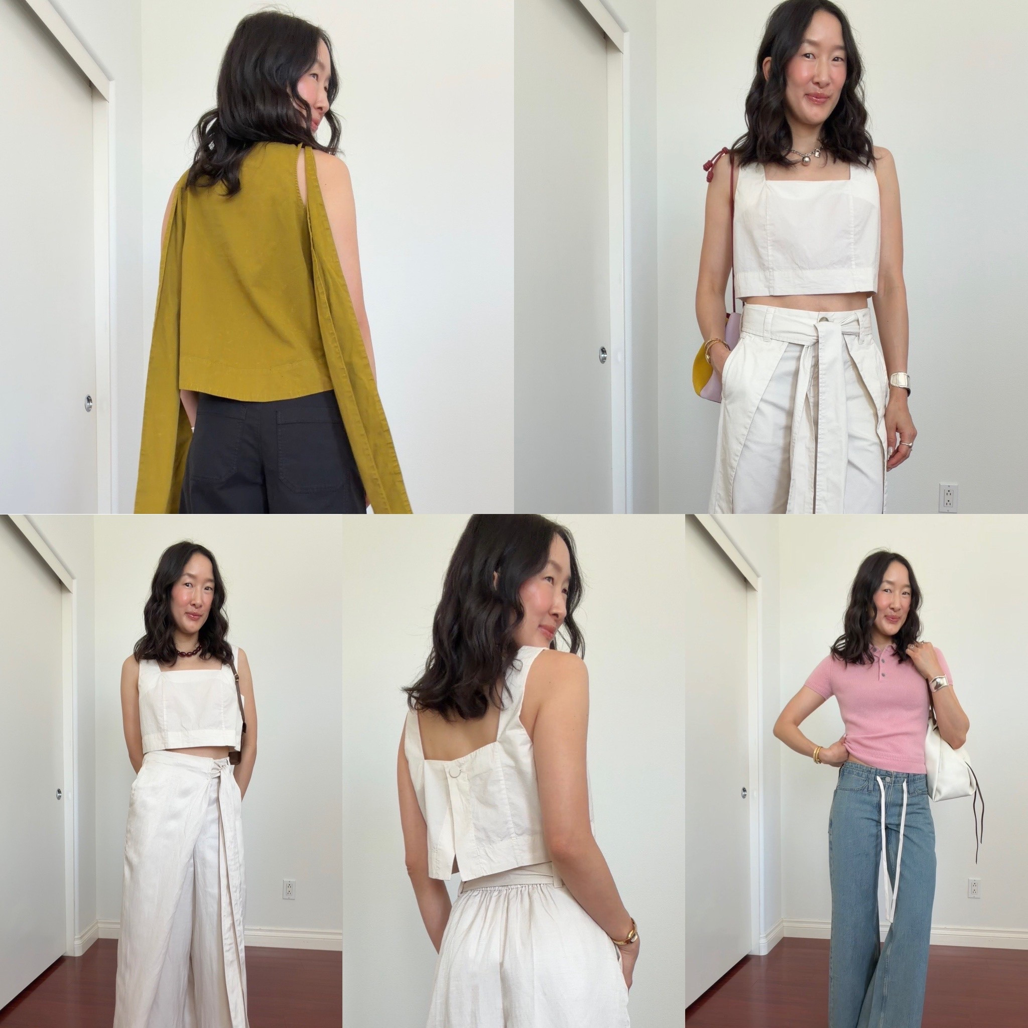Xxs in palazzo pants and xs in crop white top, 00P in wrap chino pants, xxs in bow top and xxsp in black pants but wish I did regular length, xxs in pink polo and 24P in drawstring jeans!