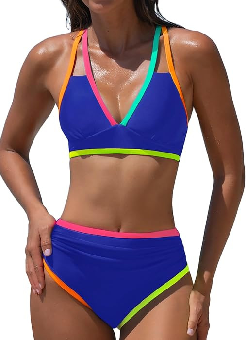 popvil High Waisted Bikini Sets: Neon Swimsuit for Women Tummy Control Push Up Two Piece Bathing ... | Amazon (US)