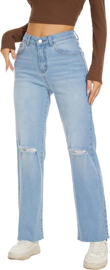 KICZOY Women Straight Ankle Jeans Casual Loose High Waist Solid Denim Pants | Amazon (US)