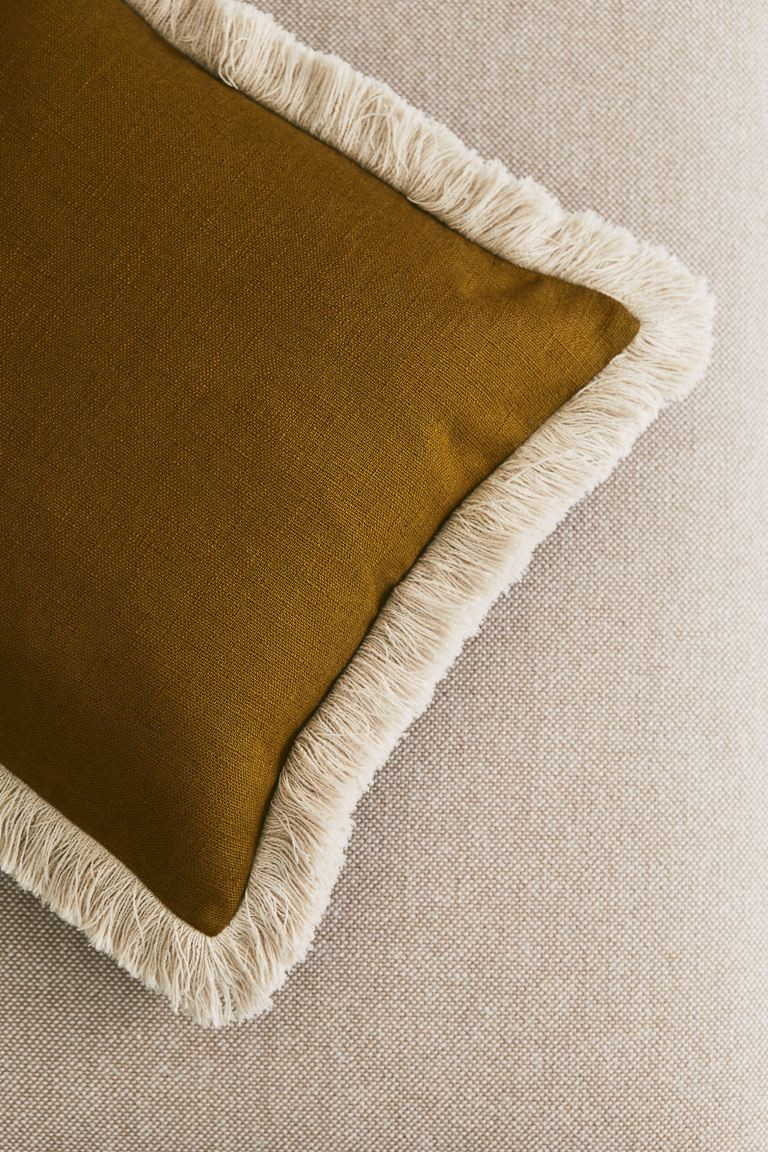 Linen-blend Cushion Cover with Fringe - Olive green/light beige - Home All | H&M CA | H&M (US + CA)