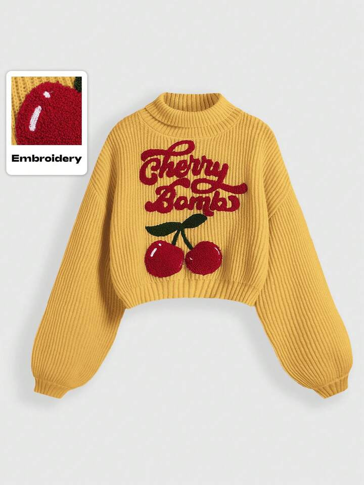 ROMWE Fairycore Spring Mori Girl Cute High Neck Cherry Embroidered Logo Lantern Sleeve Plus Size Sweater | SHEIN