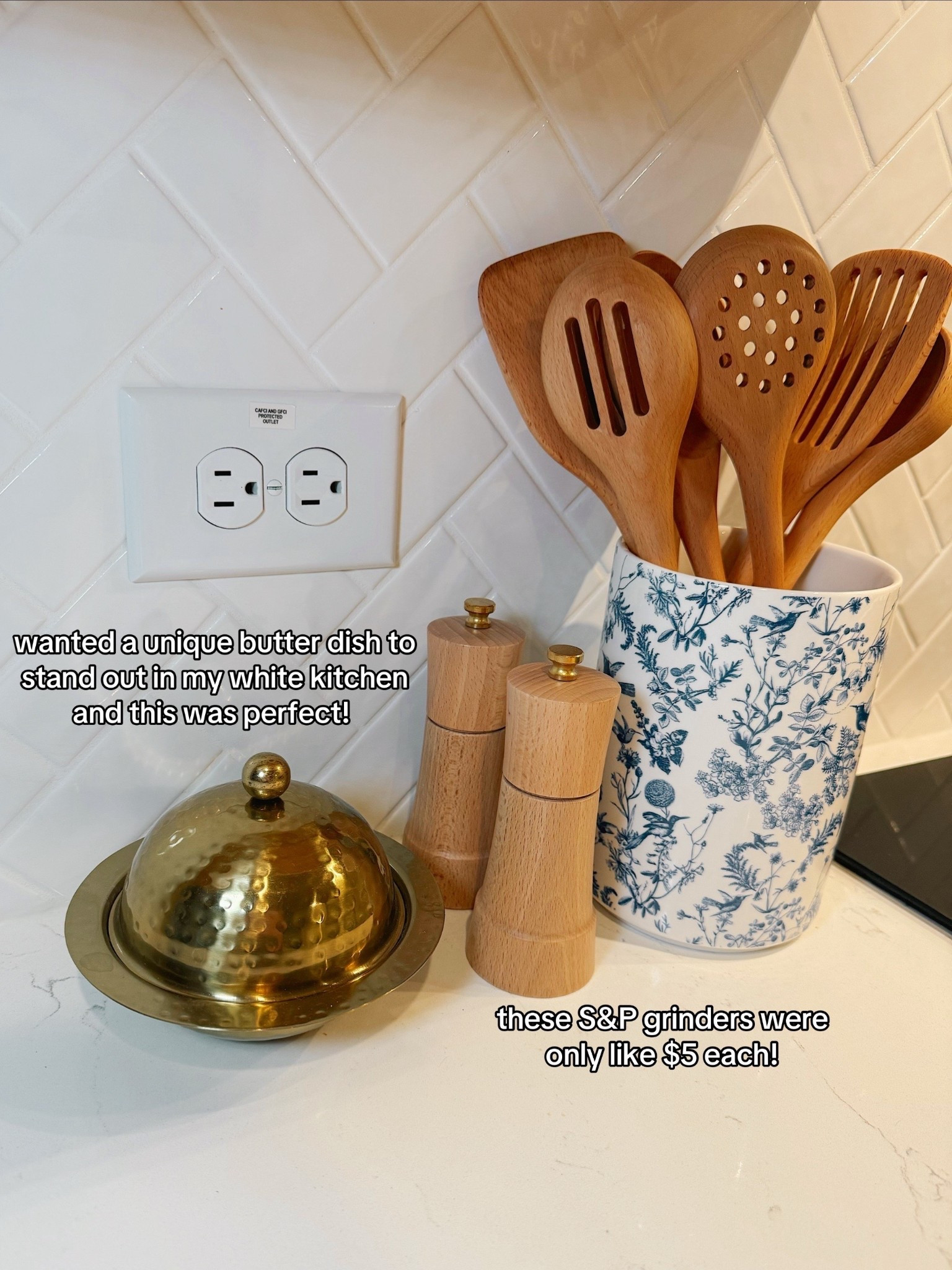 I had to change up a lot of my home decor when moving into my new home .. mainly because I now have an all white kitchen and don’t really love all white accents in there anymore. I wanted to find some stuff that had colors that popped and these home goods finds did just that! I got this round gold butter dish (so unique and pretty I am obsessed), these wooden salt and pepper grinders, a blue and white floral utensil holder to give it all some color and make it pop, and of course my organic wooden cooking utensils from Amazon  

#LTKHome #LTKFindsUnder50 #LTKFamily