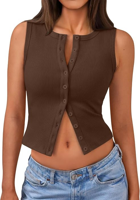 Trendy Queen Women's Going Out Crop Tank Tops Ribbed Button Down Vest | Amazon (US)